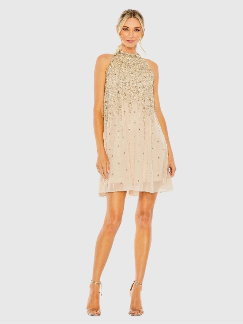 Mac Duggal Beige High Neck Sleeveless Sequin Embellished Trapeze Dress Size 6